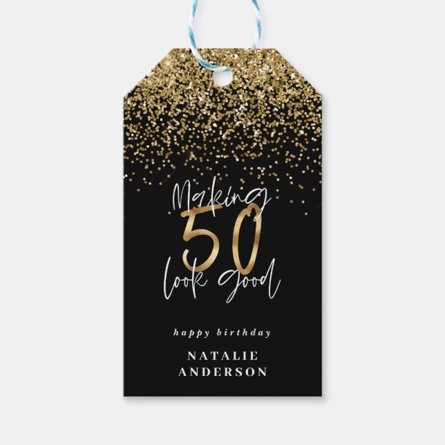 Modern typografi guld glitter chic 50 år presentetikett (Framsidan)