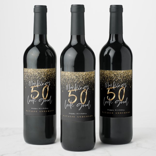 Modern typografi guld glitter chic 50 år vinflaska etikett (Flaskor)