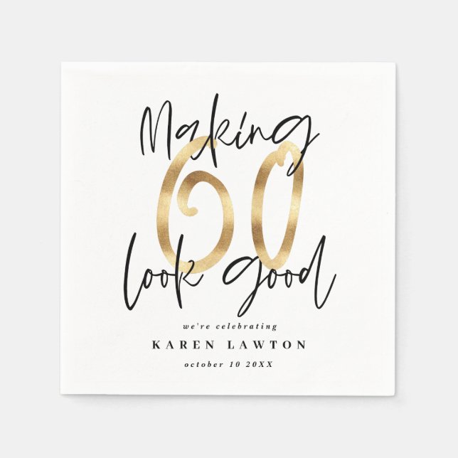 Modern typografi guld svart 60:e födelsedagsfesten pappersservett (Framsidan)