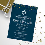 Modern typografi Guldkonfetti Blå Bar Mitzvah Inbjudningar<br><div class="desc">Modern vit typografi på blå Bar Mitzvah-inbjudan</div>