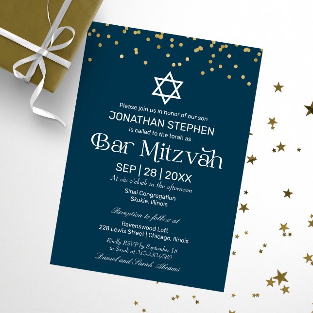 Modern typografi Guldkonfetti Blå Bar Mitzvah Inbjudningar (Skapare uppladdad)