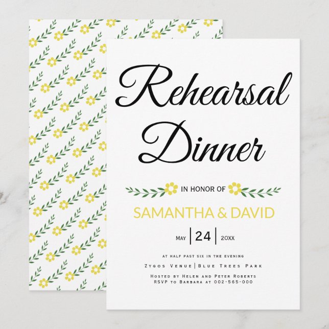 Modern typografi gult bröllop-repetitionsmiddag inbjudningar (Fram/baksida)