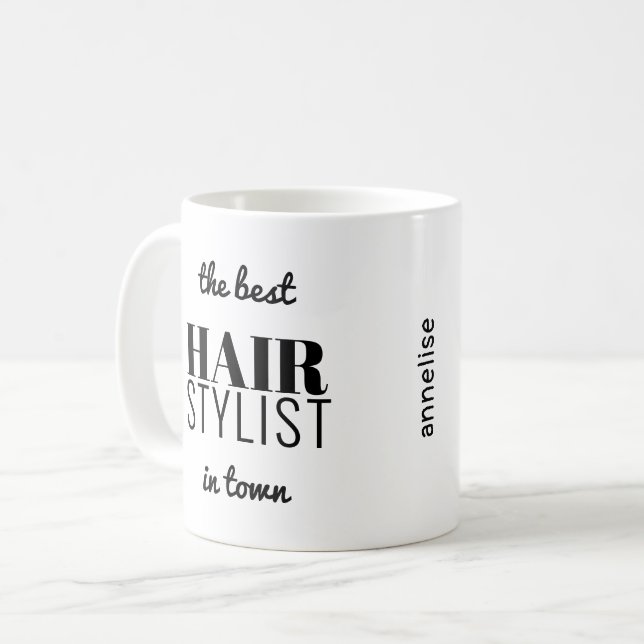 Modern typografi, hårstylist-yrke lustig kaffemugg (Framsida vänster)