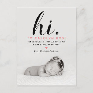 Modern typografi "Hej." Foto födelseannons Meddelande Vykort