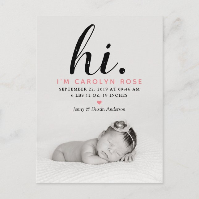 Modern typografi "Hej." Foto födelseannons Meddelande Vykort (Framsida)