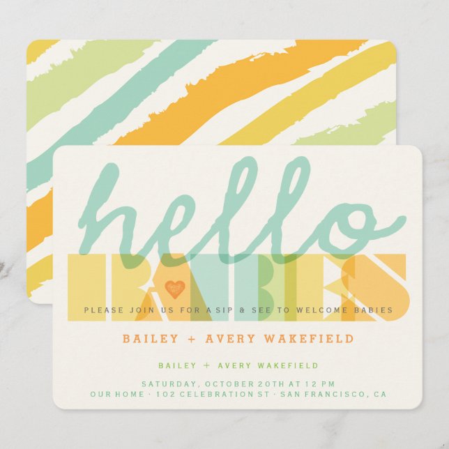 Modern typografi Hello Babies Tvillingar Sipp & Se Inbjudningar (Fram/baksida)