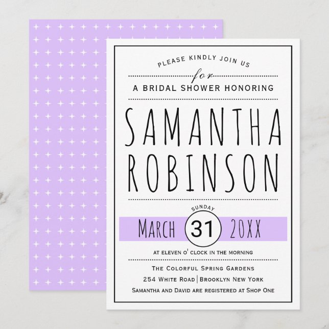 Modern typografi lavender bröllop möhippa inbjudningar (Fram/baksida)