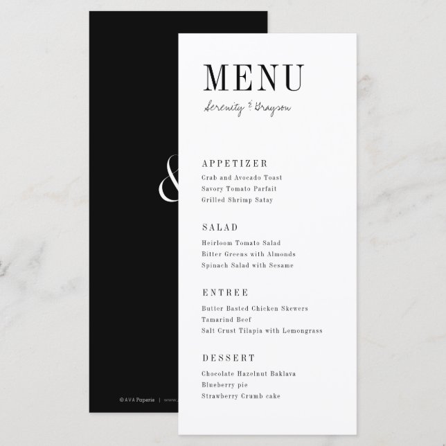 Modern typografi - minimalistisk svart och vit meny (Fram/baksida)