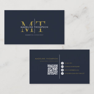 Modern typografi Monogram Navy Blue Guld QR-kod Visitkort