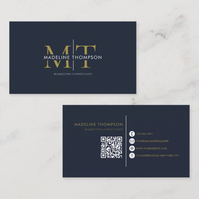 Modern typografi Monogram Navy Blue Guld QR-kod Visitkort (Fram/baksida)