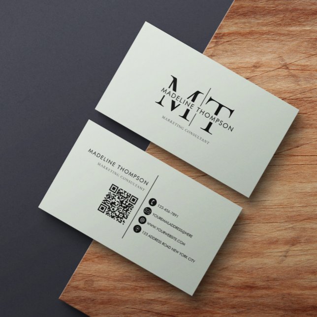 Modern typografi - Monogram Sage Grönt QR-kod Visitkort (Skapare uppladdad)