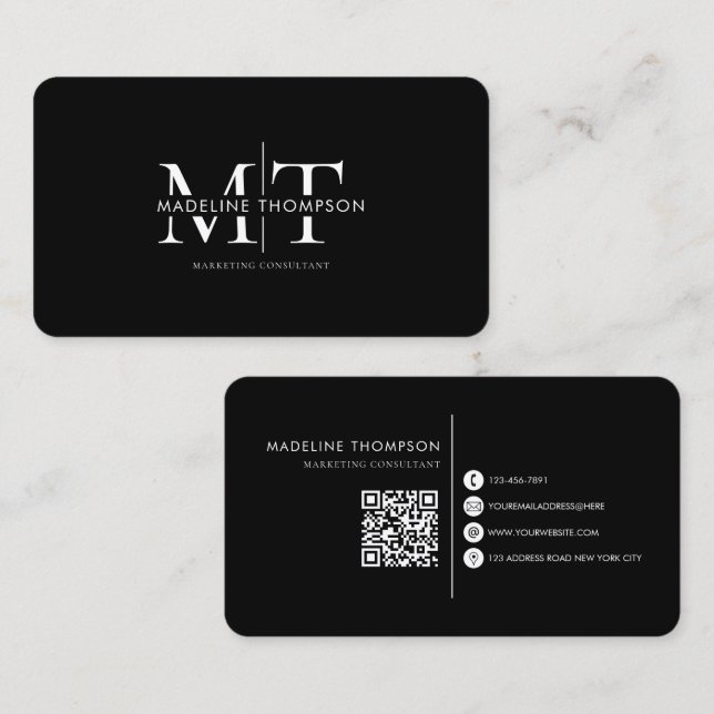 Modern typografi monogram svart QR-kod Visitkort (Fram/baksida)