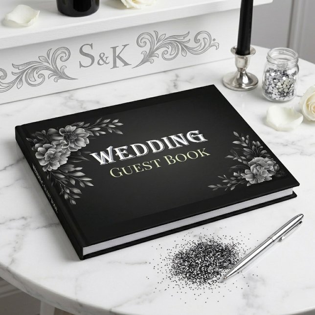 Modern Typografi Monokrom Svart Vitt Bröllop Gästböcker (Modern Typography Monochrome Black White Wedding Guest Book)
