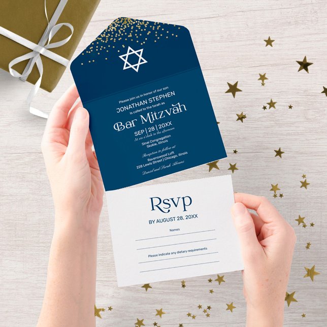 Modern typografi Mörkblå konfetti Bar Mitzvah (Skapare uppladdad)