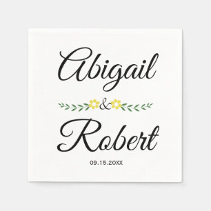 Modern typografi och gula blommor bröllop pappersservett
