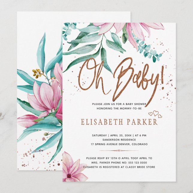 Modern typografi oh baby blommande baby shower inbjudningar (Fram/baksida)