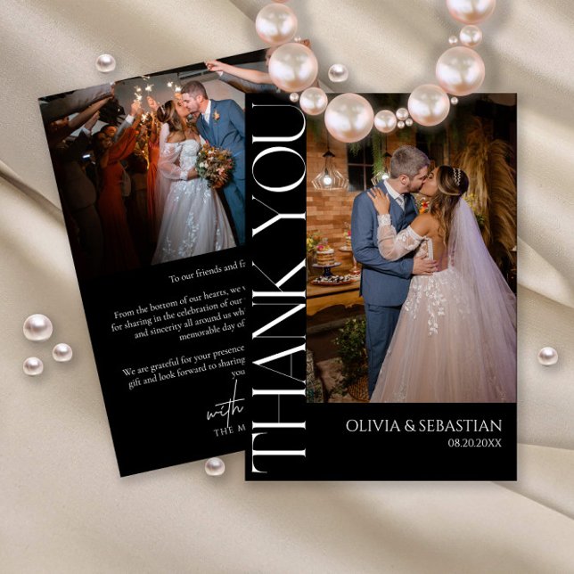 Modern typografi på Black Bröllop Photo Tack Kort (Skapare uppladdad)