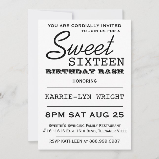 Modern typografi Poster Stil Sweet 16 Party Inbjudningar (Framsida)