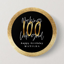 Modern typografi svart och guld 100-årsdag knapp