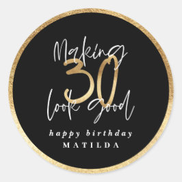 Modern typografi svart och guld 30års födelsedag runt klistermärke