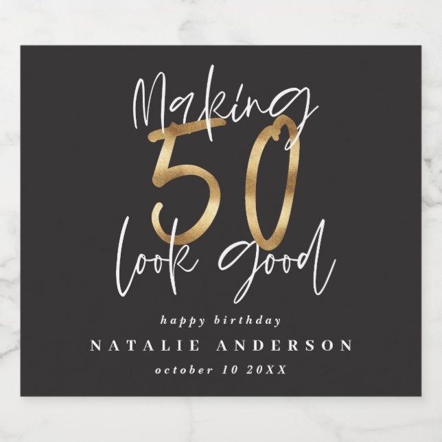 Modern typografi svart och guld 50-årsdag ölflaska etikett (Singel etikett)