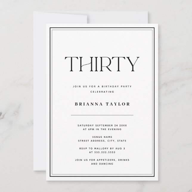 Modern typografi, svart och vit 30års födelsedag inbjudningar (Framsida)