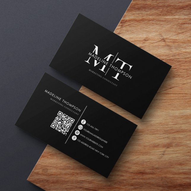 Modern typografi, svart QR-kod för Monogram Visitkort (Skapare uppladdad)
