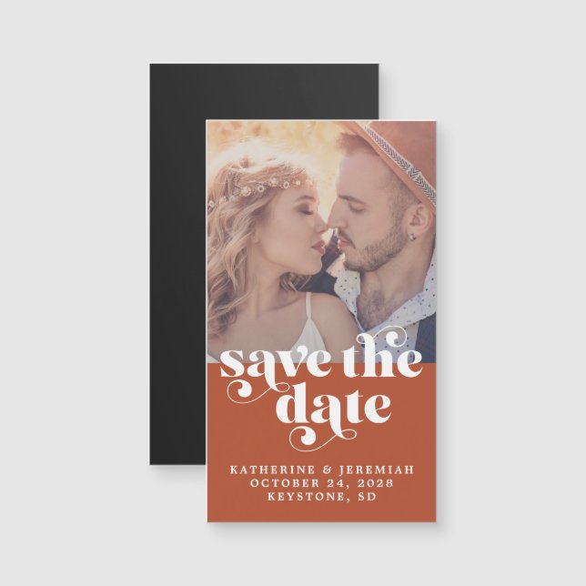Modern typografi Terracotta Photo Save Date (Fram/baksida)