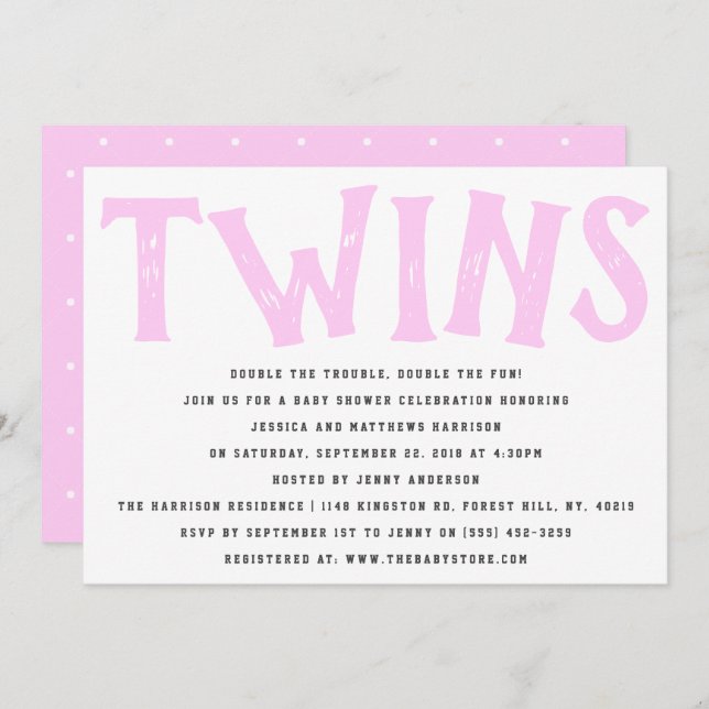 Modern Typografi Twin Girls Baby Shower Inbjudningar (Fram/baksida)