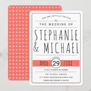 Modern typografisk korall levande bröllop avrundad inbjudningar