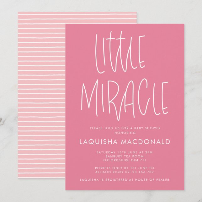 Modern Typografisk liten Miracle Rosa Baby Shower Inbjudningar (Fram/baksida)
