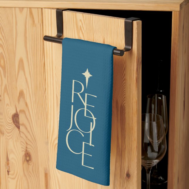 Modern, typografisk REJOICE och stjärnjul Kökshandduk (Thirds Fold)