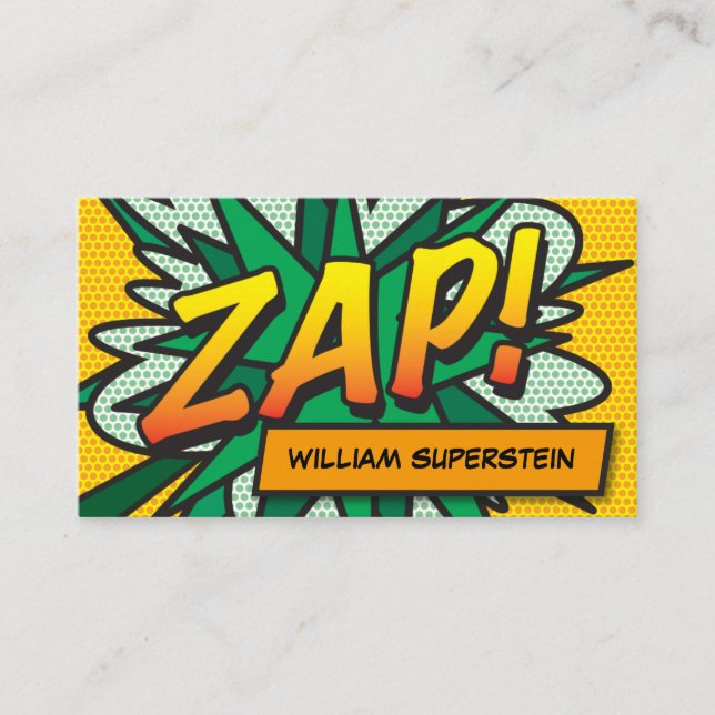 Modern typografisk rolig serietidning ZAP Visitkort (Framsida)
