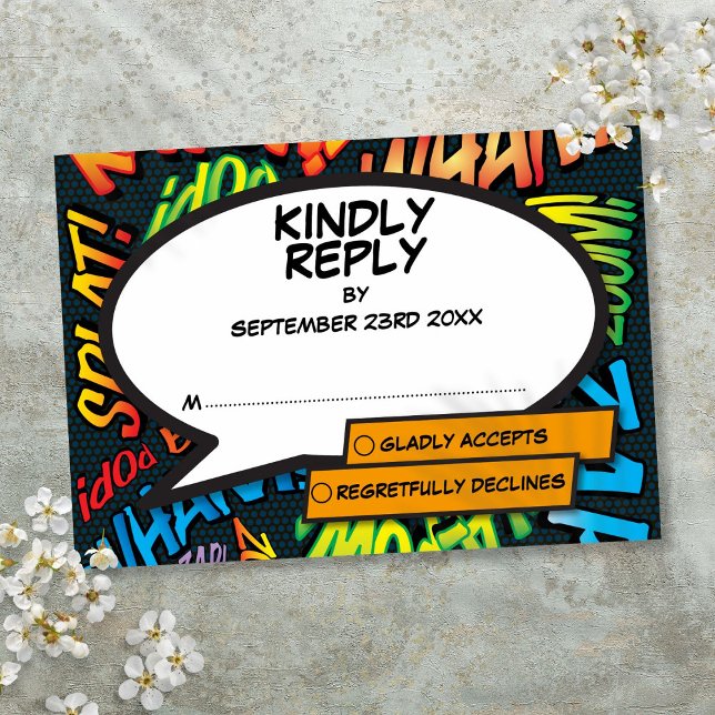 Modern Typografisk Serietidningsbröllop OSA Kort (Modern Typographic Comic Book Wedding RSVP Card)