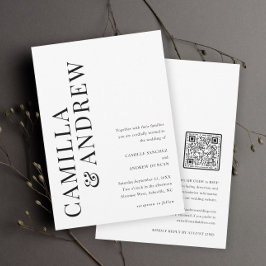 Modern Typografisk svartvitt QR-kod Bröllop Inbjudningar