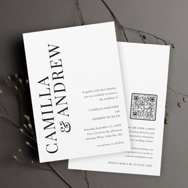 Modern Typografisk svartvitt QR-kod Bröllop Inbjudningar (Skapare uppladdad)