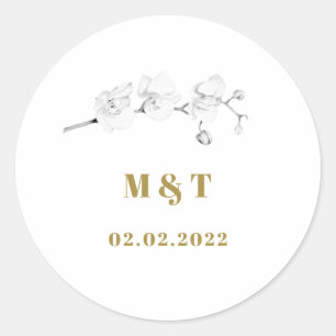 Modern Typography Blommigt Orchids Monogram Bröllo Runt Klistermärke