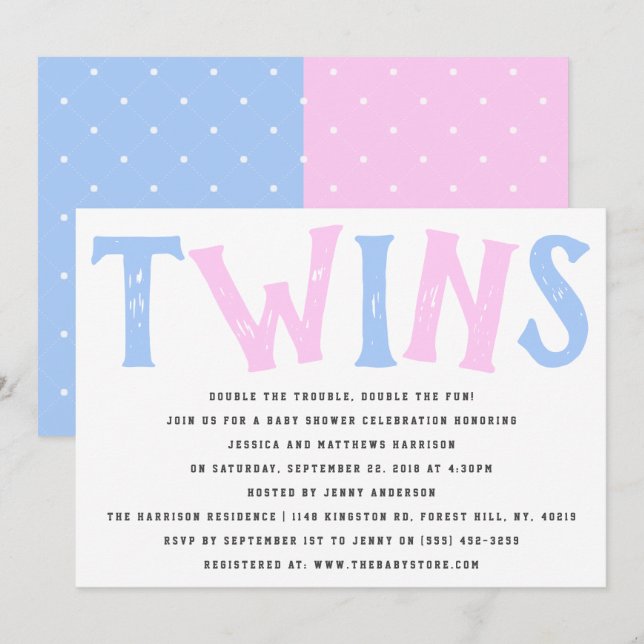 Modern Typography Boy & Girl Twillingars Baby Show Inbjudningar (Fram/baksida)