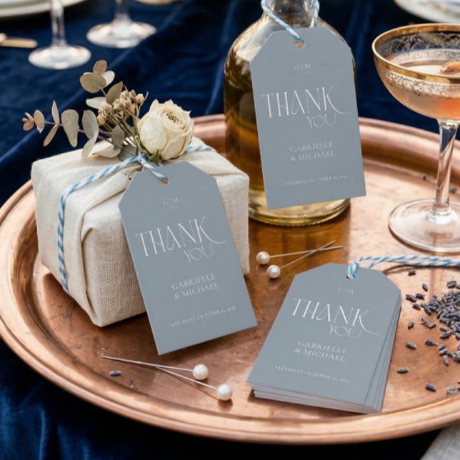 Modern Typography Dusty Blue Wedding Thank You  Presentetikett (Skapare uppladdad)