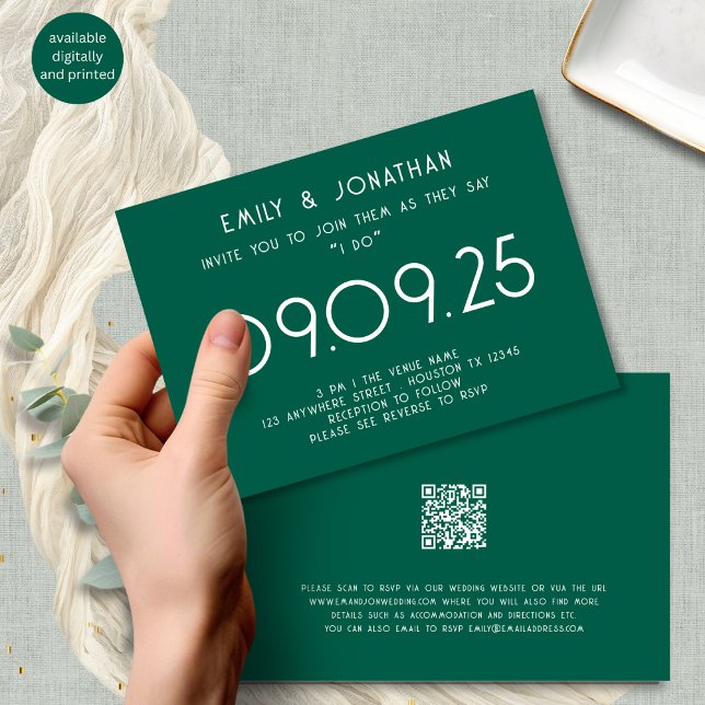 Modern Typography Emerald Grönt Bröllop Inbjudningar (Front and back view)