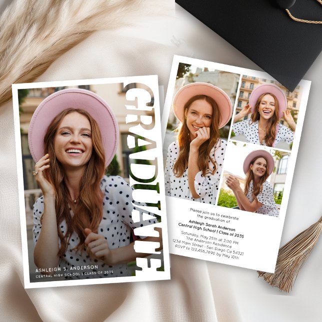 Modern Typography Graduate 3 Photo Collage Inbjudningar (Skapare uppladdad)