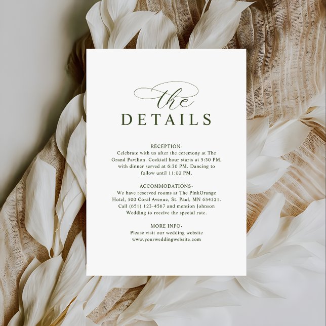 Modern Typography Olive Green Wedding Details Tilläggskort (Skapare uppladdad)