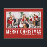 Modern Typography Red Photo Collage jul Helg Vykort<br><div class="desc">God jul! Skicka ditt varma önskemål den här säsongen med det här anpassadet fotokollage julvykort. Den har enkel typografi med röd bakgrund. Anpassa genom att lägga till foton,  namn,  år och annan information. Det här moderna julkortet finns i andra färg och på andra kartonger.</div>