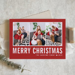 Modern Typography Red Photo Collage jul Helgkort<br><div class="desc">God jul! Skicka ditt varma önskemål den här säsongen med det här anpassadets fotokollage-julkort. Den har enkel typografi med röd bakgrund. Anpassa genom att lägga till foton,  namn,  år och annan information. Det här moderna julkortet finns i andra färg och i andra djurhållare.</div>