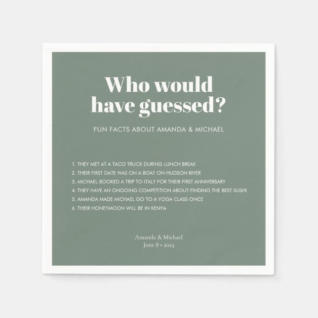 Modern Typography Sage Grönt Bröllop Roligt Facts Pappersservett (Framsidan)