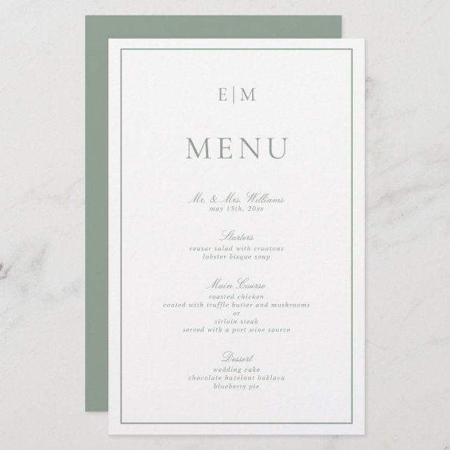 Modern Typography Sage Grönt Monogram Bröllop Menu (Fram/baksida)