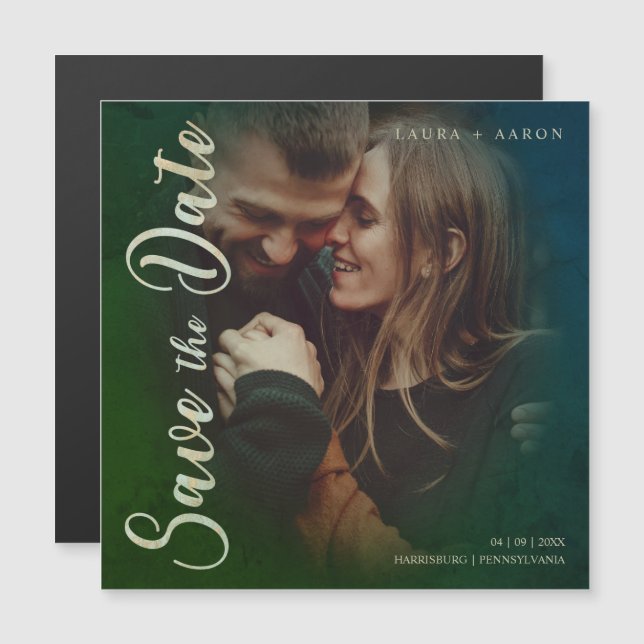 Modern Typography Script Photo Couple Engagement Magnetisk Inbjudningskort (Fram/baksida)