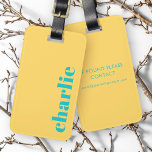 Modern typography yellow and teal bagagebricka<br><div class="desc">Modern,  minimal luggage tag with your custom name or text aligned vertically to the right on a yellow background.</div>
