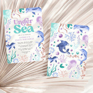 Modern under Sea Dolphin Retro första födelsedag Inbjudningar