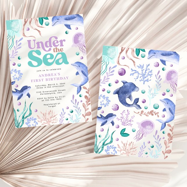 Modern under Sea Dolphin Retro första födelsedag Inbjudningar (Skapare uppladdad)